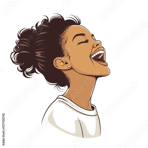 Happy young woman laughing with closed eyes cartoon illustration
