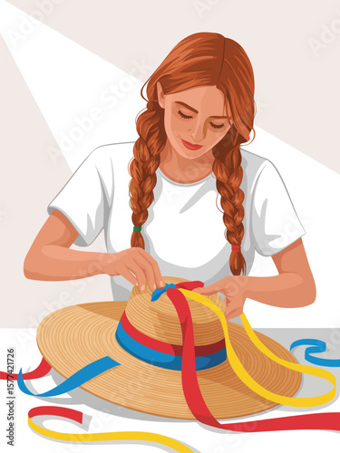  Young woman with braided hair decorating a straw hat with colorful ribbons