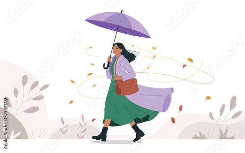 flat vector of Woman walking with umbrella in windy autumn weather with falling leaves
