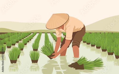 Farmer wearing conical hat planting rice seedlings in flooded paddy field with mountains in background, flat vector illustration