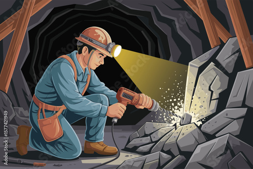 Flat vector illustration of  Miner with headlamp and drill working in dark mine excavating rock with sparks flying