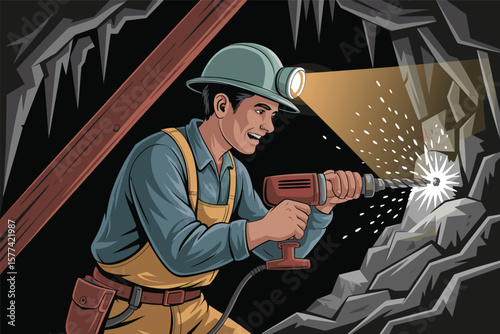Miner with drill working in dark cave with headlamp illuminating the rock face
