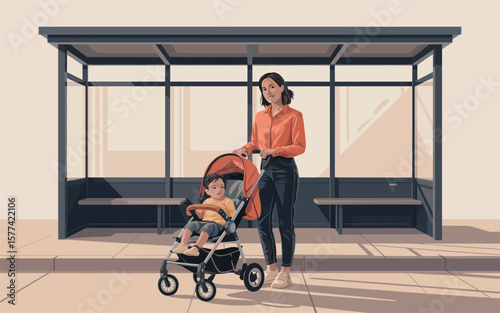 Flat vector Illustration of Young mother with baby in stroller waiting at a modern bus stop shelter