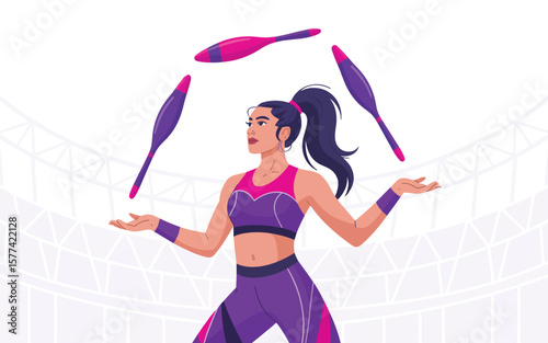Flat vector Illustration of Athletic woman in purple sportswear skillfully juggling multiple clubs in a stadium
