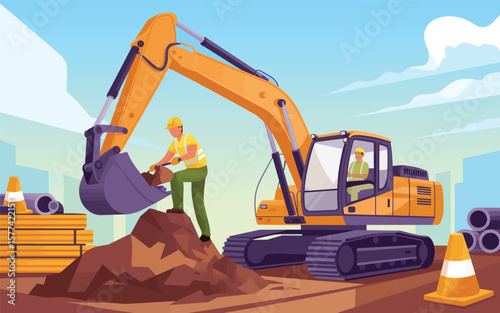 Flat vector Illustration of Construction worker operating an excavator digging dirt at a building site with safety cones