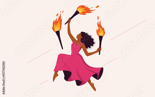 Flat vector Illustration of Energetic woman in a flowing dress juggles flaming torches in a dynamic celebratory dance