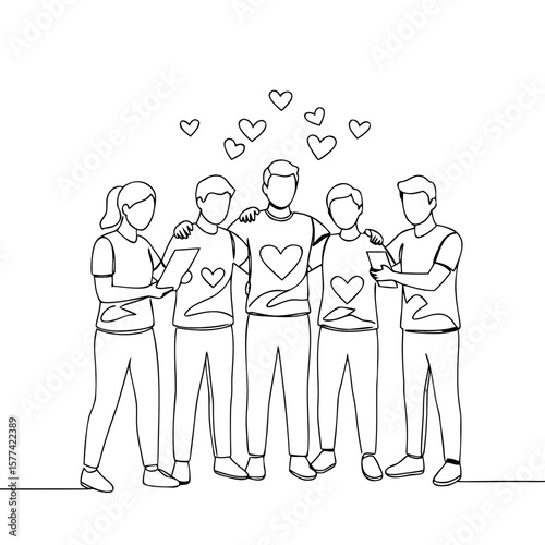 Group of friends supporting charity with hearts and teamwork spirit  