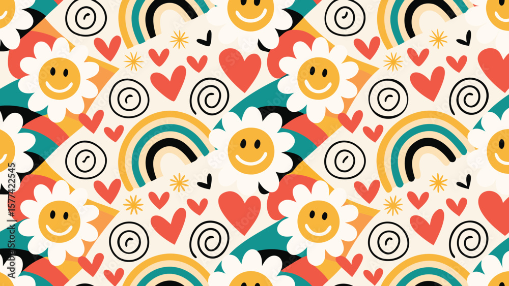 Fototapeta premium Seamless pattern with rainbows, hearts, smiley face flowers, and spirals on a beige background