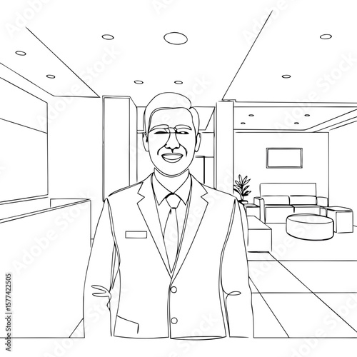 Employee smiling in a modern office lobby during daytime  