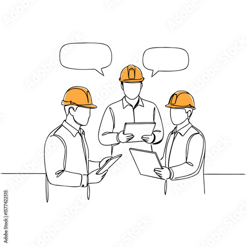 Construction team discussing project details while wearing hard hats  