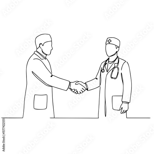 Two doctors shaking hands in a hospital in line art style  