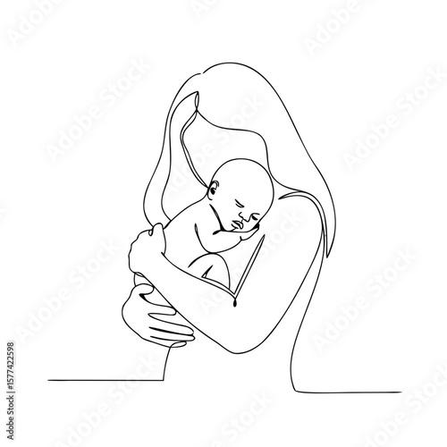Mother holding sleeping newborn in minimalist line art style  