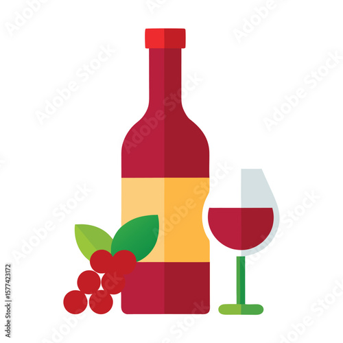 Vibrant and modern flat design illustration of a wine bottle and glass perfect for beverage and celebration themes