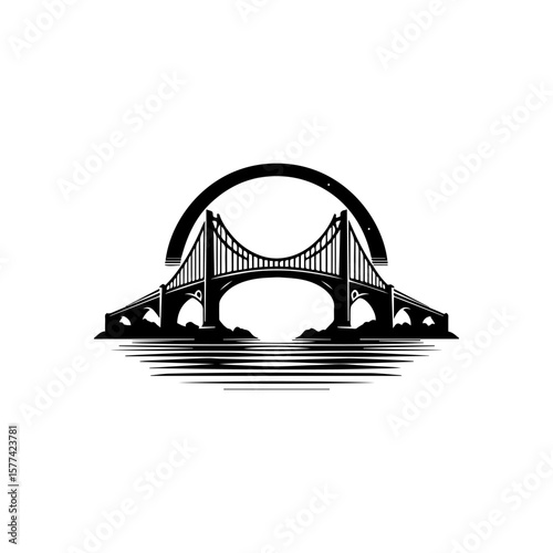 A symmetrical black silhouette logo of a bridge with an arched halo above it, reflected in stylized water below