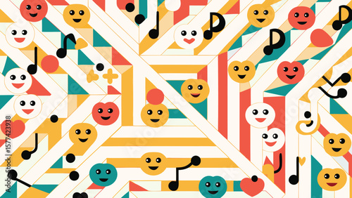 Colorful geometric pattern with smiling faces music notes and heart shapes scattered throughout the design