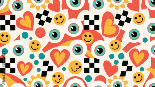 Retro pattern with eyes hearts smileys checkerboard and flowers in a funky seventies style design