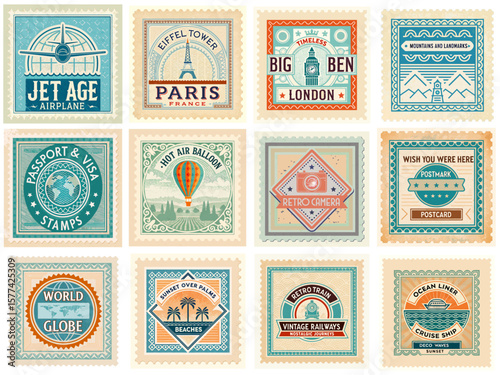 12 travel-related symbols that fit beautifully into a retro (1960s–1980s) postage stamp style, using vibrant colors, bold shapes, and nostalgic themes