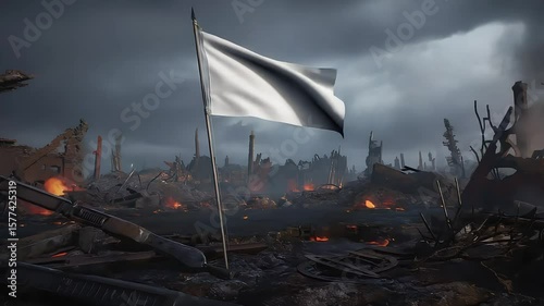 A desolate battlefield with a white flag signaling surrender amidst ruins and smoke in the background