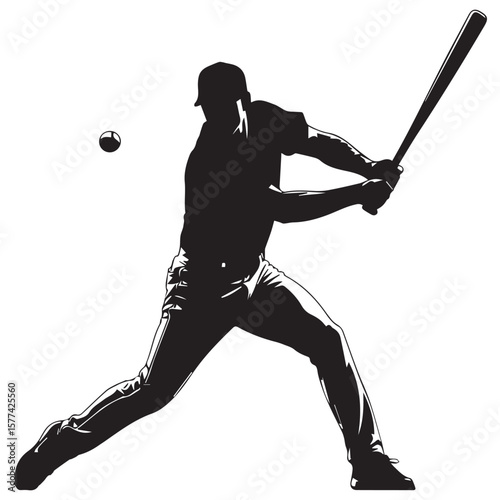 Dynamic black silhouette of a baseball player in mid swing hitting a ball with a bat