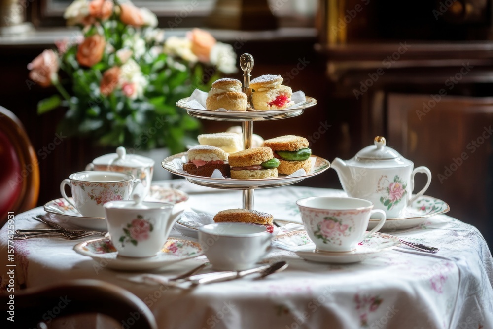Afternoon tea with tiered tray and floral decor Afternoon tea with tiered tray and floral decor