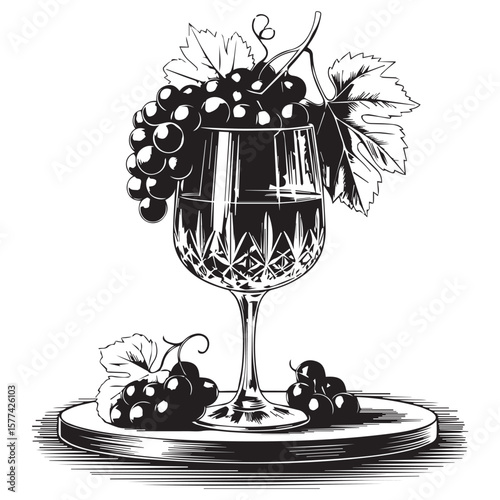 Elegant black and white illustration of a crystal wine glass filled with red wine adorned with ripe grapes and leaves on a platter