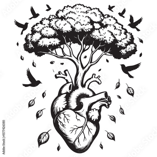 Anatomical heart with tree branches and leaves growing from the top surrounded by flying birds
