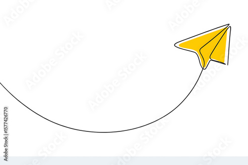 Yellow Paper Airplane with Curved Flight Path on White Background