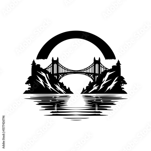 A symmetrical black silhouette logo of a bridge with an arched halo above it, reflected in stylized water below