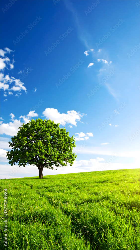 Fototapeta premium Idyllic Pastoral Landscape with Verdant Tree and Green Field under Blue Sky