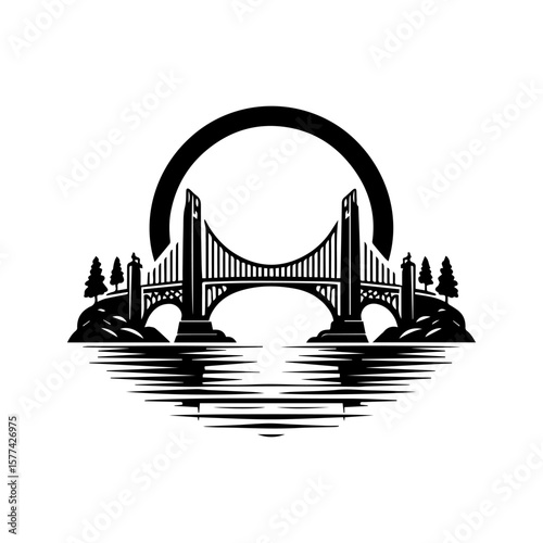 A symmetrical black silhouette logo of a bridge with an arched halo above it, reflected in stylized water below