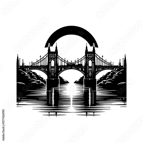 A symmetrical black silhouette logo of a bridge with an arched halo above it, reflected in stylized water below