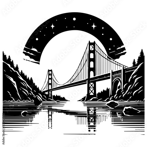 A symmetrical black silhouette logo of a bridge with an arched halo above it, reflected in stylized water below