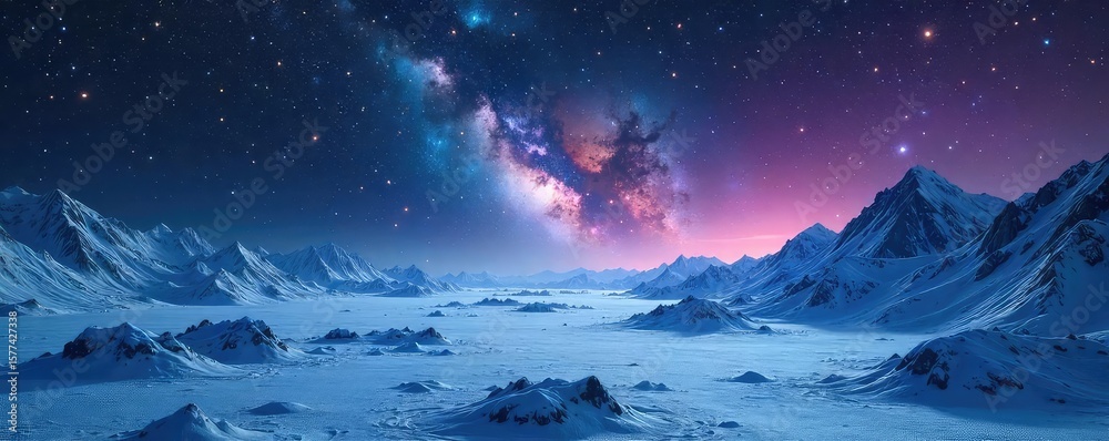 Fototapeta premium Vast, desolate expanse of icy nebulae and frozen stars in the deep, dark universe A chilling cosmic landscape of interstellar ice and dust , deep, mysterious, nebulae