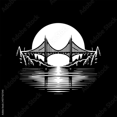 A symmetrical black silhouette logo of a bridge with an arched halo above it, reflected in stylized water below