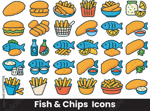 Collection of Fish and Chips, Fried Seafood, and Pub Food Icons