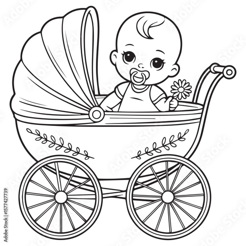 Cute baby with a pacifier holding a daisy flower sitting in a vintage stroller with decorative leaves