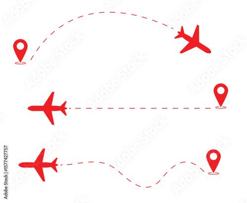 Red Airplane Route Icons with Location Pins and Dotted Flight Paths — Flat Vector Travel Icons for Navigation, UI Maps, Airlines, or Global Logistics Design