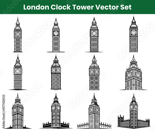 Black and White Set of London's Big Ben Clock Tower in Various Styles
