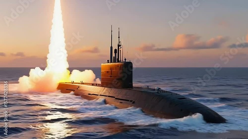 Submarine Launching Missile at Sunset Over the Ocean, Showcasing Military Power and Technology