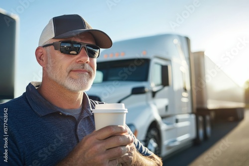 Trucker enjoying a coffee break in front of his truck