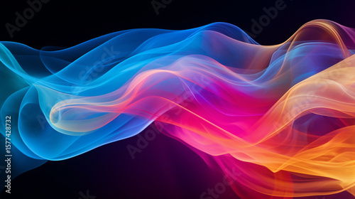 Abstract flowing ribbons of vibrant colors against a dark background create a dynamic composition