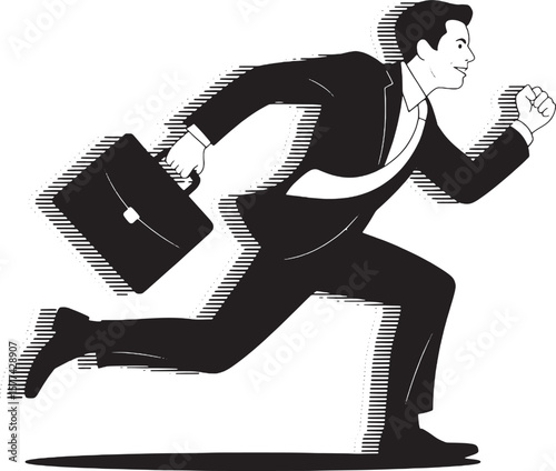 An Energetic Businessman Running in Monochrome with Briefcase transparent isolated vector png