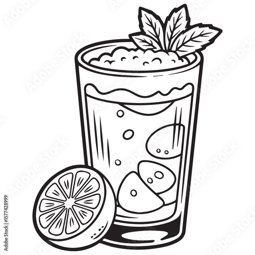 Stylized black and white illustration of a refreshing lemonade drink with ice and mint garnish next to a lemon slice