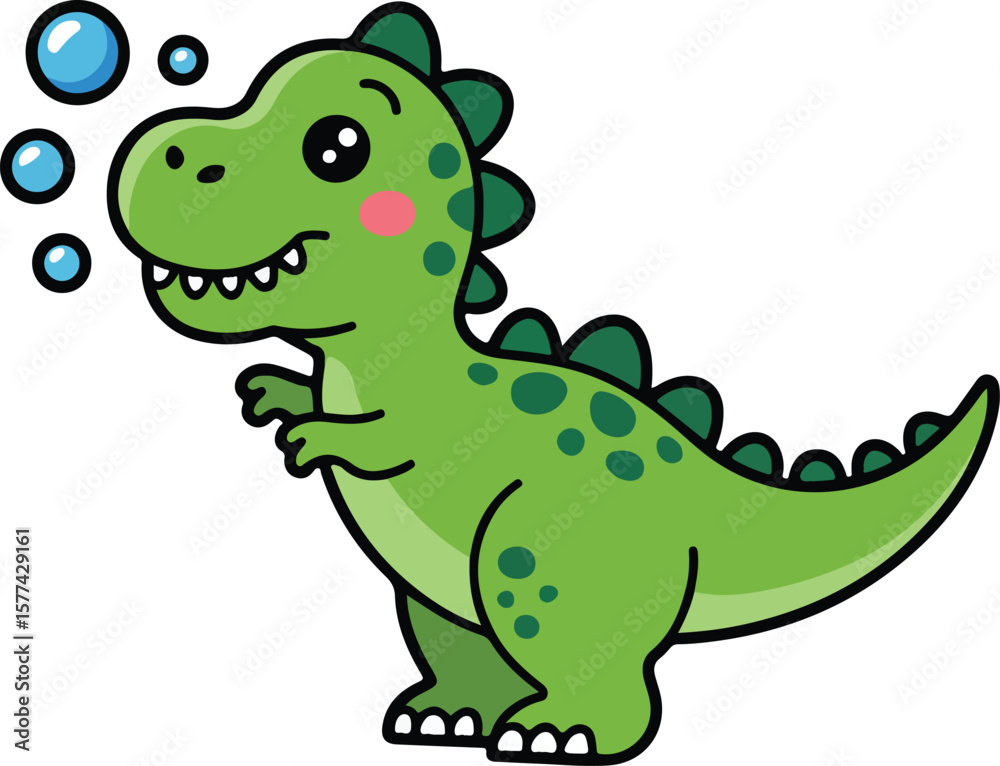 Fototapeta premium A cute, green dinosaur blowing bubbles with an adorable expression. transparent isolated vector png