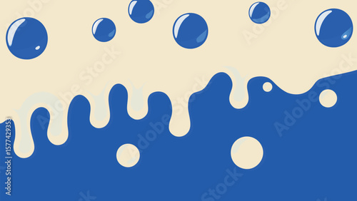 Illustration of blue spheres above a wave of white liquid dripping onto a blue background design