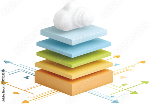Cloud computing infographic with storage layers and arrows on a transparent background