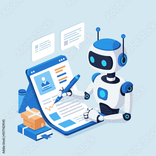 Flat icon of AI-assistant-robot writing product descriptions automatically on blue background