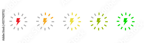 Battery charge level indicator icon set. Charging status, battery capacity from empty to full. Lightning energy level bar