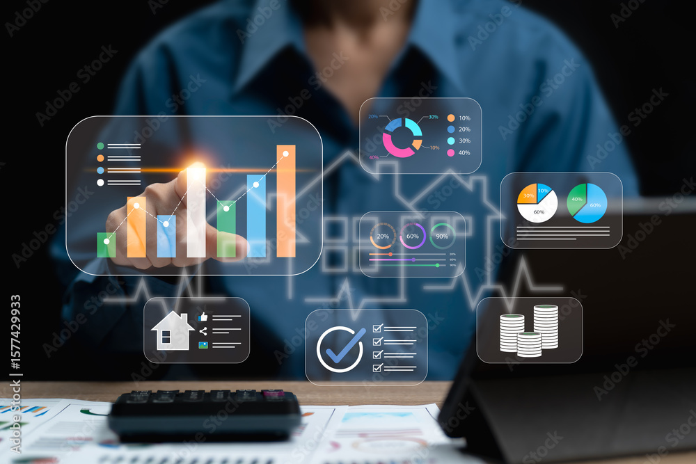 Naklejka premium Real estate growth analysis for speculation concept, Businesswoman calculates profit of real estate business, Statistical data analysis, Marketing target income-expenditure, Investment data, Financial