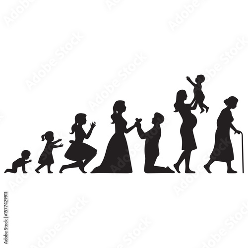 Silhouettes depict the stages of a woman s life from infancy to old age including marriage and motherhood